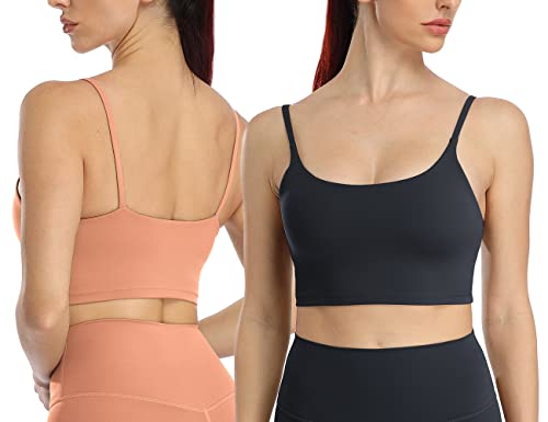 icyzone Damen Sport-BH Camisole Stretch Fitness Crop Top mit BH Gepolstert Yoga Bra, 2er Set (M, Black/Coral Peach) von icyzone