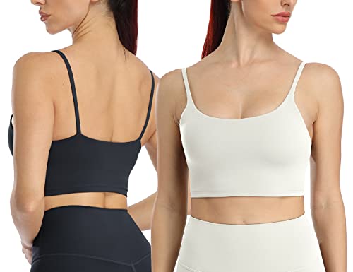 icyzone Damen Sport-BH Camisole Stretch Fitness Crop Top mit BH Gepolstert Yoga Bra, 2er Set (M, Black/Cream White) von icyzone