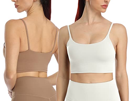 icyzone Damen Sport-BH Camisole Stretch Fitness Crop Top mit BH Gepolstert Yoga Bra, 2er Set (M, Cream White/Cacao) von icyzone