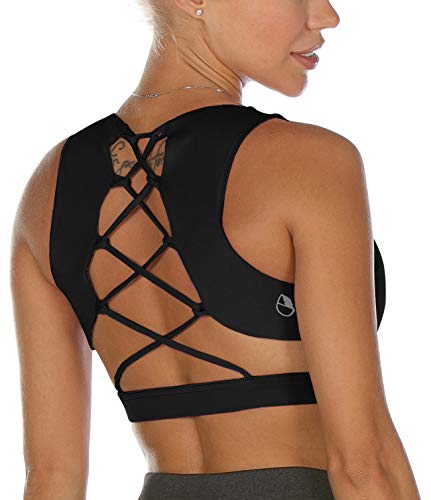 icyzone Damen Sport-BH Gepolstert Gekreuzt Rücken Sport Bra Ohne Bügel Fitness Yoga BH(L, Black) von icyzone