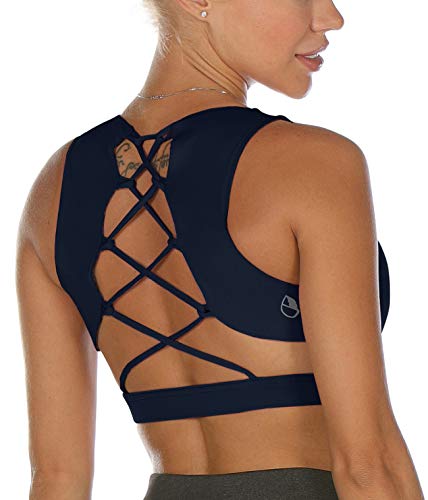 icyzone Damen Sport-BH Gepolstert Gekreuzt Rücken Sport Bra Ohne Bügel Fitness Yoga BH(L, Navy) von icyzone