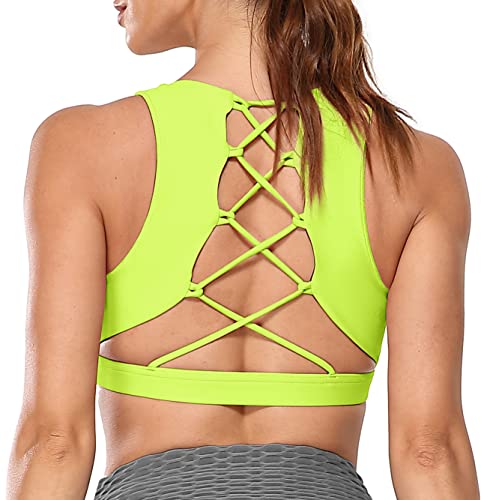 icyzone Damen Sport-BH Gepolstert Gekreuzt Rücken Sport Bra Ohne Bügel Fitness Yoga BH(L, Neon Yellow) von icyzone