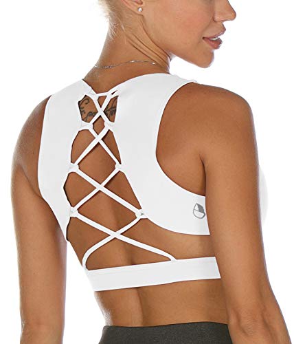 icyzone Damen Sport-BH Gepolstert Gekreuzt Rücken Sport Bra Ohne Bügel Fitness Yoga BH(M, Off White) von icyzone