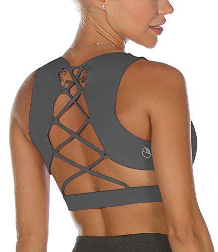 icyzone Damen Sport-BH Gepolstert Gekreuzt Rücken Sport Bra Ohne Bügel Fitness Yoga BH(XL, Dark Gray) von icyzone