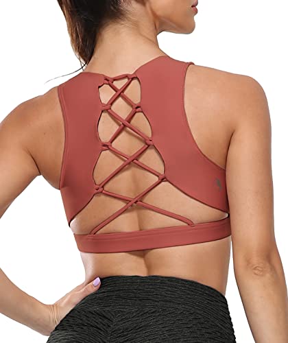 icyzone Damen Sport-BH Gepolstert Gekreuzt Rücken Sport Bra Ohne Bügel Fitness Yoga BH(XL, Copper Brown) von icyzone