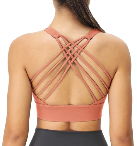 icyzone Damen Sport-BH Gepolstert Ohne Bügel Yoga Bra Gekreuzt Rücken Sport Gym Fitness BH (Copper Brown, XS) von icyzone