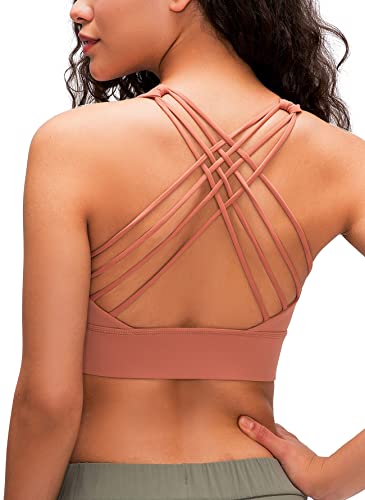 icyzone Damen Sport-BH Gepolstert Ohne Bügel Yoga Bra Gekreuzt Rücken Sport Gym Fitness BH (Copper Brown, L) von icyzone