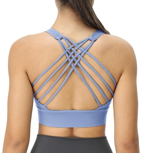 icyzone Damen Sport-BH Gepolstert Ohne Bügel Yoga Bra Gekreuzt Rücken Sport Gym Fitness BH (ICY Blue, L) von icyzone