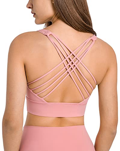 icyzone Damen Sport-BH Gepolstert Ohne Bügel Yoga Bra Gekreuzt Rücken Sport Gym Fitness BH (Light Pink, M) von icyzone