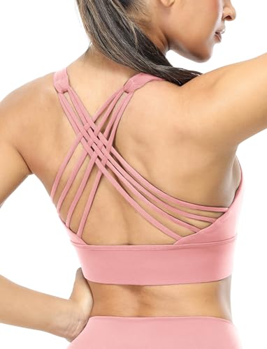 icyzone Damen Sport-BH Gepolstert Ohne Bügel Yoga Bra Gekreuzt Rücken Sport Gym Fitness BH (Light Pink, S) von icyzone