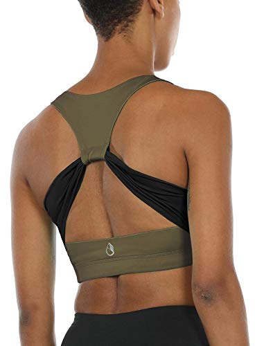 icyzone Damen Sport-BH Ohne Bügel Fitness Bustier Gym Yoga BH mit Abnehmbare Gepolstert (XL, Army) von icyzone