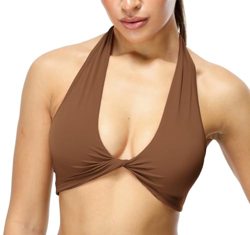 icyzone Damen Sport BH Ohne Bügel Yoga Bra Top Spaghettiträger Rücken Verkreuzt Fitness Gym BH (Chestnut Brown, S) von icyzone