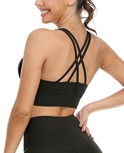 icyzone Damen Sport BH Starker Halt Gepolstert Training Bustier Top Fitness Yoga Bra (L, Black-A) von icyzone