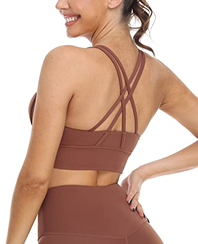 icyzone Damen Sport BH Starker Halt Gepolstert Training Bustier Top Fitness Yoga Bra (L, Copper Brown) von icyzone