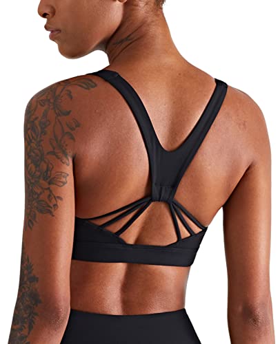 icyzone Damen Sport BH Starker Halt Gepolstert Training Bustier Top Fitness Yoga Bra (M, Black-V Back) von icyzone