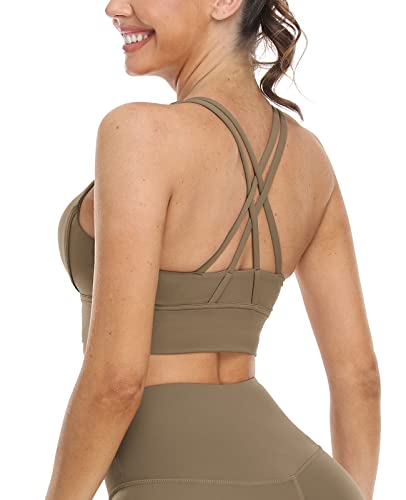 icyzone Damen Sport BH Starker Halt Gepolstert Training Bustier Top Fitness Yoga Bra (M, Cacao) von icyzone