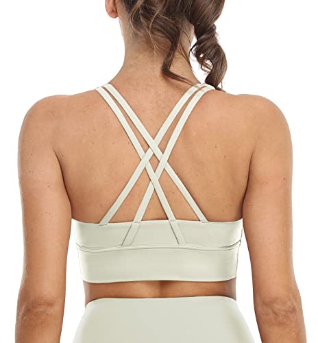 icyzone Damen Sport BH Starker Halt Gepolstert Training Bustier Top Fitness Yoga Bra (M, Cream White) von icyzone