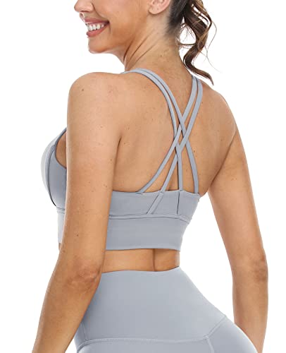 icyzone Damen Sport BH Starker Halt Gepolstert Training Bustier Top Fitness Yoga Bra (M, Grey) von icyzone