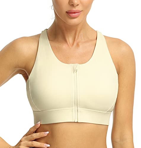 icyzone Damen Sport BH Starker Halt Vorderverschluss Fitness Bustier Gepolstert Ohne Bügel Yoga Bra (L, Creme Weiß) von icyzone