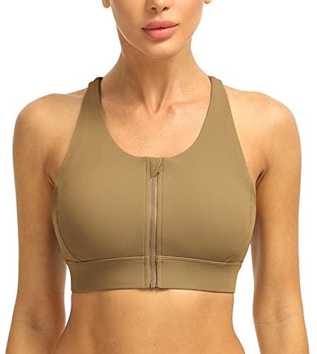 icyzone Damen Sport BH Starker Halt Vorderverschluss Fitness Bustier Gepolstert Ohne Bügel Yoga Bra (L, Tiefes Khaki) von icyzone