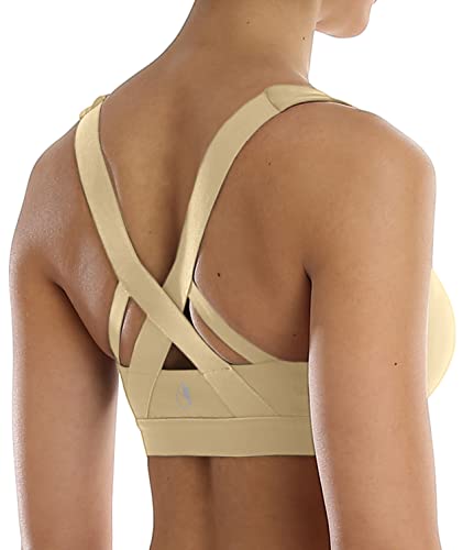 icyzone Damen Sport-BH mit Gepolstert, Bustier Sports Bra Top Fuer Yoga Fitness-Training (S,Khaki) von icyzone