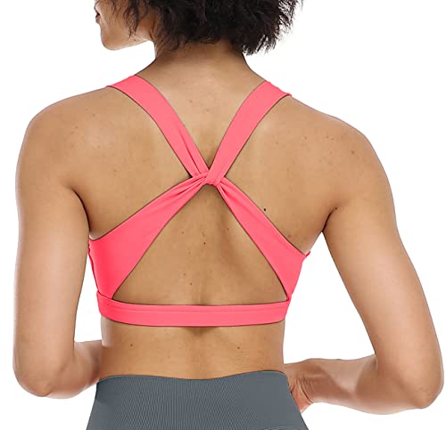 icyzone Damen Sport-BH, Ohne Bügel Gekreuzt Rücken Gepolstert Fitness Yoga Bra (L, Neon Pink) von icyzone