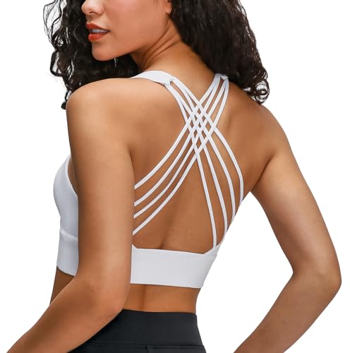 icyzone Damen Sport-BH mit Gepolstert Ohne Bügel Gekreuzt Rücken Gym Fitness Yoga Bra (Off White, L) von icyzone