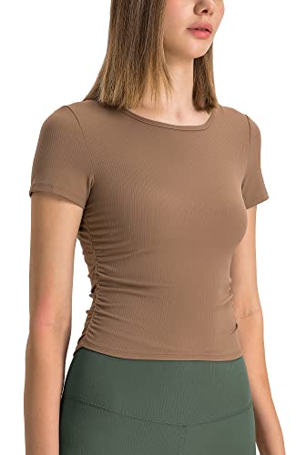 icyzone Damen Sport T-Shirt Gerippte Fitness Casual Kurzarm Shirt Atmungsaktiv Yoga Top Cropped Laufshirt (Brown, XL) von icyzone