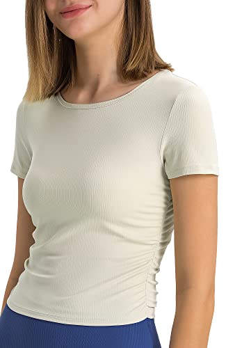 icyzone Damen Sport T-Shirt Gerippte Fitness Casual Kurzarm Shirt Atmungsaktiv Yoga Top Cropped Laufshirt (Cream White, S) von icyzone