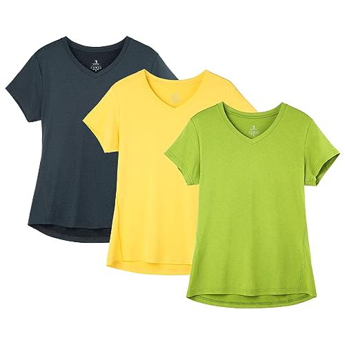 icyzone Damen Sport Fitness T-Shirt Kurzarm V-Ausschnitt Laufshirt Gym Top Funktionsshirt, 3er Pack (L, Ombre Blue/Spectra Yellow/Green Glow) von icyzone