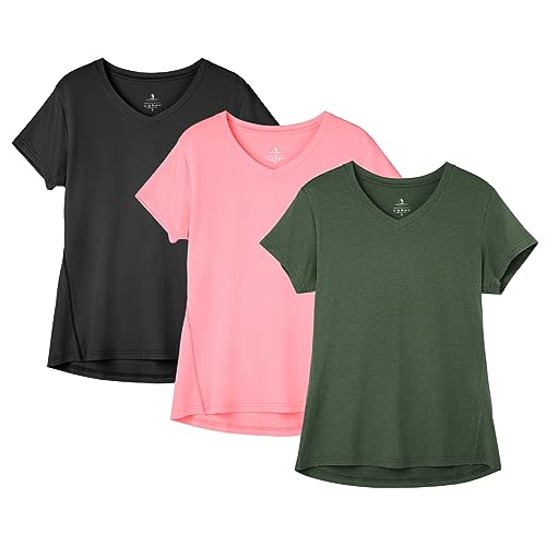 icyzone Damen Sport Fitness T-Shirt Kurzarm V-Ausschnitt Laufshirt Gym Top Funktionsshirt, 3er Pack (L, Solid Black/Pale Pink/Dark Green) von icyzone