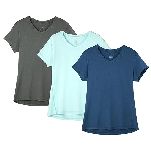 icyzone Damen Sport Fitness T-Shirt Kurzarm V-Ausschnitt Laufshirt Gym Top Funktionsshirt, 3er Pack (S, Dark Grey/True Navy/Aqua) von icyzone