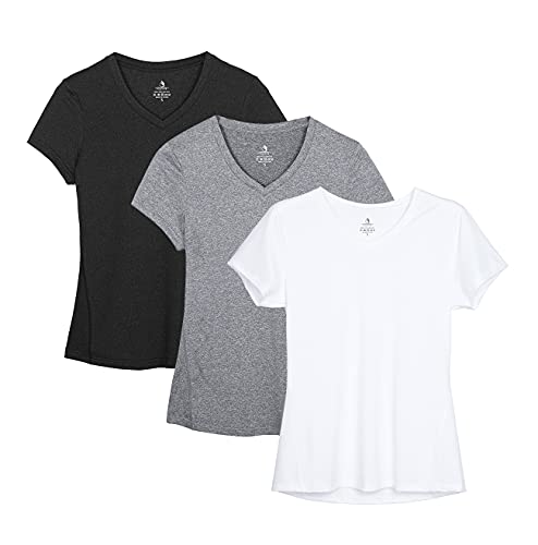 icyzone Damen Sport Fitness T-Shirt Kurzarm V-Ausschnitt Laufshirt Shortsleeve Yoga Top 3er Pack (XL, Black/Gray/White) von icyzone