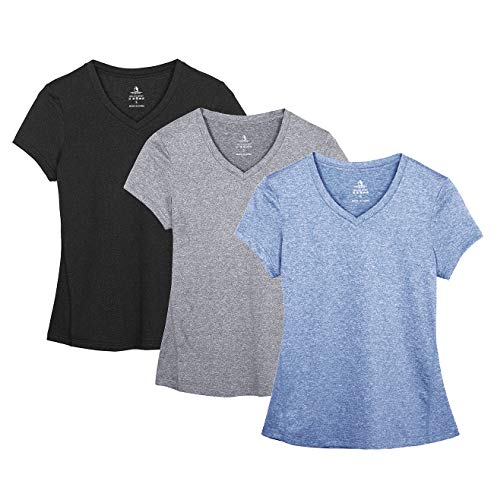 icyzone Damen Sport Fitness T-Shirt Kurzarm V-Ausschnitt Laufshirt Shortsleeve Yoga Top 3er Pack (L, Black/Granite/Blue/) von icyzone