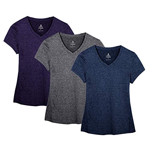 icyzone Damen Sport Fitness T-Shirt Kurzarm V-Ausschnitt Laufshirt Shortsleeve Yoga Top 3er Pack (L, Royal Blue/Purple/Charcoal/) von icyzone