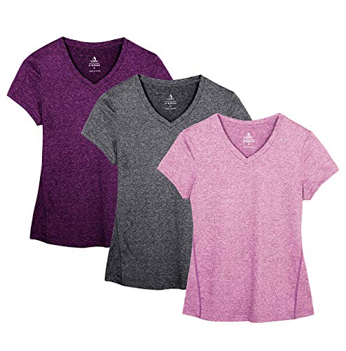 icyzone Damen Sport Fitness T-Shirt Kurzarm V-Ausschnitt Laufshirt Shortsleeve Yoga Top 3er Pack (M, Charcoal/Red Bud/Pink) von icyzone