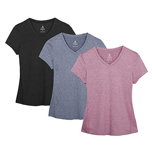icyzone Damen Sport Fitness T-Shirt Kurzarm V-Ausschnitt Laufshirt Shortsleeve Yoga Top 3er Pack (S, Black/Navy/Rose Wine) von icyzone