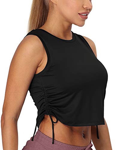 icyzone Damen Sport Fitness Tank Top Cropped Yoga Shirt Rundhals Laufen Oberteile (L, Schwarz) von icyzone