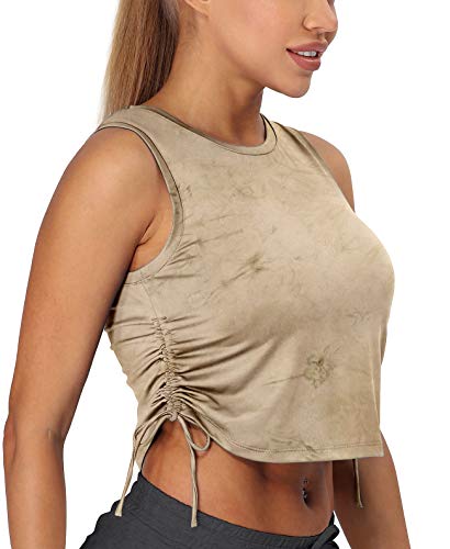 icyzone Damen Sport Fitness Tank Top Cropped Yoga Shirt Rundhals Laufen Oberteile (XL, Khaki) von icyzone