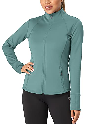 icyzone Damen Sport Jacke Laufjacke Trainingsjacke voll Reißverschluss Laufshirt Langarm mit Daumenloch (L, Marine Blue) von icyzone