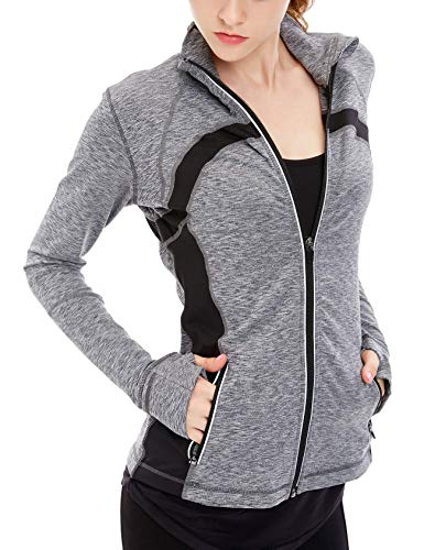 icyzone Damen Sport Jacke Laufjacke Trainingsjacke voll Reißverschluss Laufshirt Langarm mit Daumenloch (S, Gray Melange) von icyzone