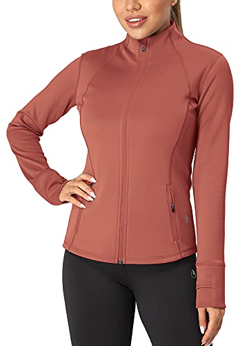 icyzone Damen Sport Jacke Laufjacke Trainingsjacke voll Reißverschluss Laufshirt Langarm mit Daumenloch (XL, Coral) von icyzone