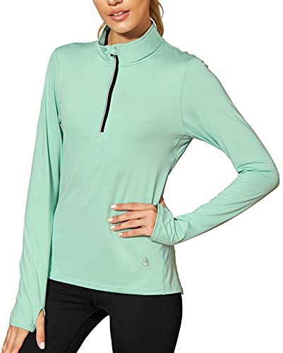 icyzone Damen Sport Langarm Shirts 1/4 Reißverschluss Laufshirt Langarmshirt mit Daumenloch Fitness Oberteile (L, Brook Green) von icyzone