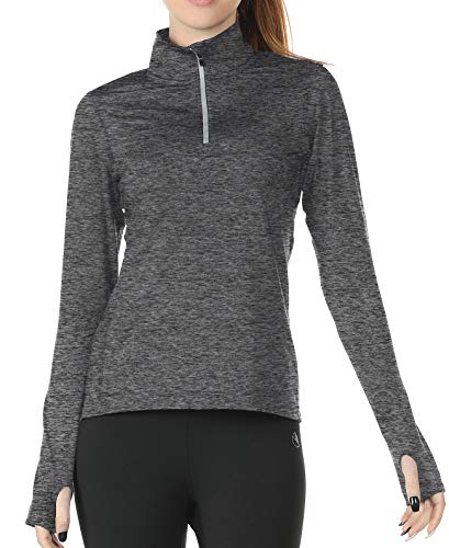 icyzone Damen Sport Langarm Shirts 1/4 Reißverschluss Laufshirt Langarmshirt mit Daumenloch Fitness Oberteile (L, Charcoal) von icyzone