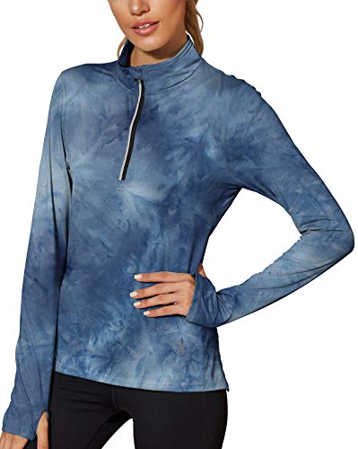 icyzone Damen Sport Langarm Shirts 1/4 Reißverschluss Laufshirt Langarmshirt mit Daumenloch Fitness Oberteile (L, Denim) von icyzone