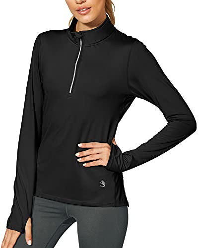 icyzone Damen Sport Langarm Shirts 1/4 Reißverschluss Laufshirt Langarmshirt mit Daumenloch Fitness Oberteile (L, Black) von icyzone