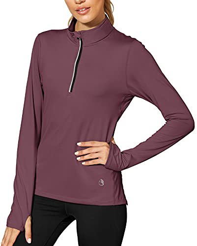 icyzone Damen Sport Langarm Shirts 1/4 Reißverschluss Laufshirt Langarmshirt mit Daumenloch Fitness Oberteile (L, Mauve Orchid) von icyzone