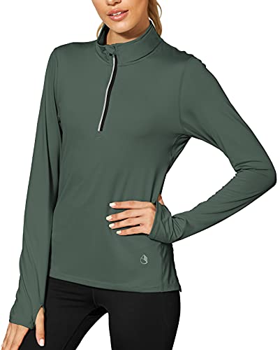 icyzone Damen Sport Langarm Shirts 1/4 Reißverschluss Laufshirt Langarmshirt mit Daumenloch Fitness Oberteile (M, Smoke Pine) von icyzone