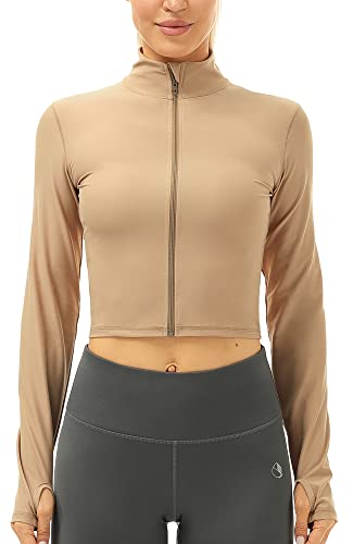 icyzone Damen Sport Langarmshirt Full Reißverschluss Fitness Yoga Crop Top Langarm Sportshirt Laufshirt mit Daumenloch (L, Gravel) von icyzone