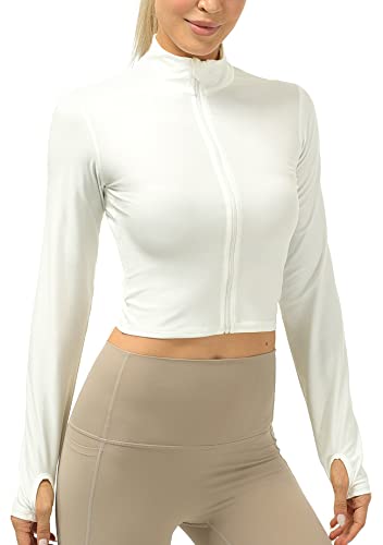 icyzone Damen Sport Langarmshirt Full Reißverschluss Fitness Yoga Crop Top Langarm Sportshirt Laufshirt mit Daumenloch (L, Off White) von icyzone